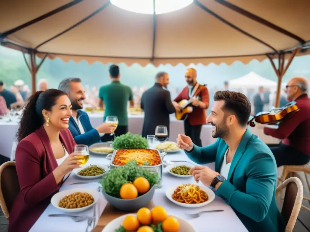 Vibrante escena en un festival gastronómico italiano con mesa comunal llena de platos tradicionales
