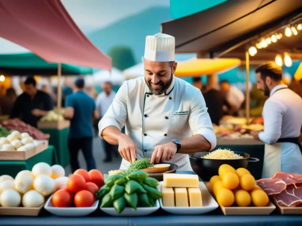 Una vibrante escena de fiestas gastronómicas en Islas Italianas, con delicias culinarias y ambiente festivo