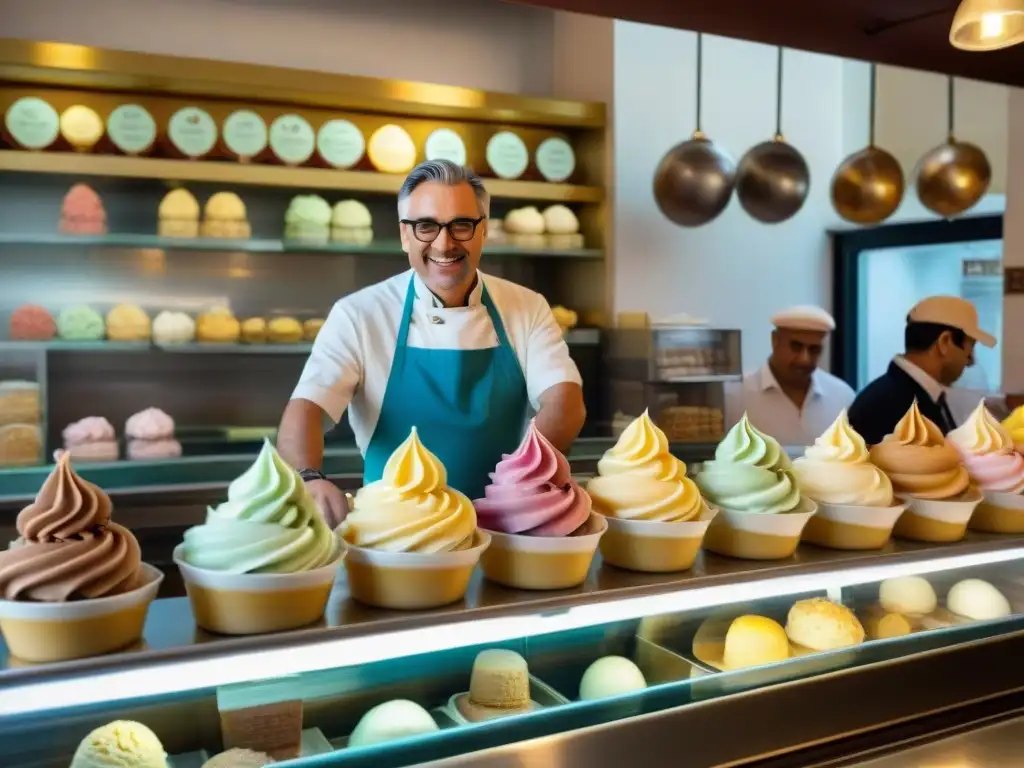 Vibrante escena de una heladería en Italia, clientes esperando ansiosos su sabor preferido