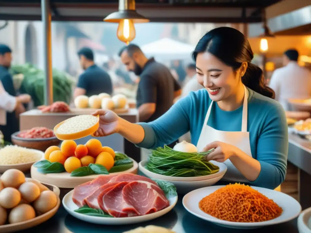 Una vibrante escena de integración culinaria en Italia: una nonna italiana entrega kimchi a curiosos mientras chefs preparan kimchi tiramisú