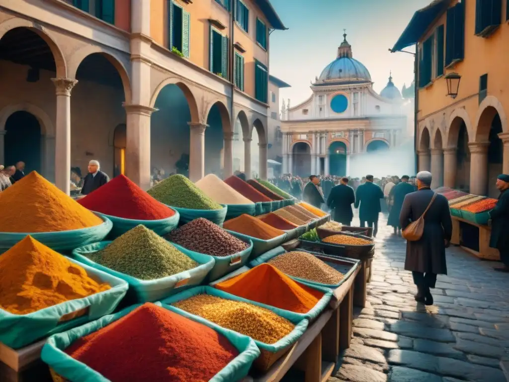 Vibrante escena de mercaderes en un bullicioso mercado romano, con especias exóticas en cestas enredadas