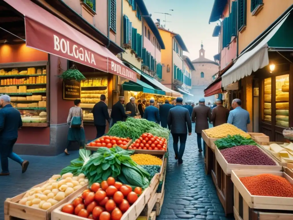 Vibrante escena de mercado en Boloña, Italia, evocando la evolución de la receta boloñesa