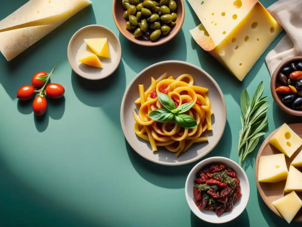 Una vibrante escena en un mercado gourmet italiano con productos étnicos como tomates secos, aceitunas, quesos y hierbas frescas