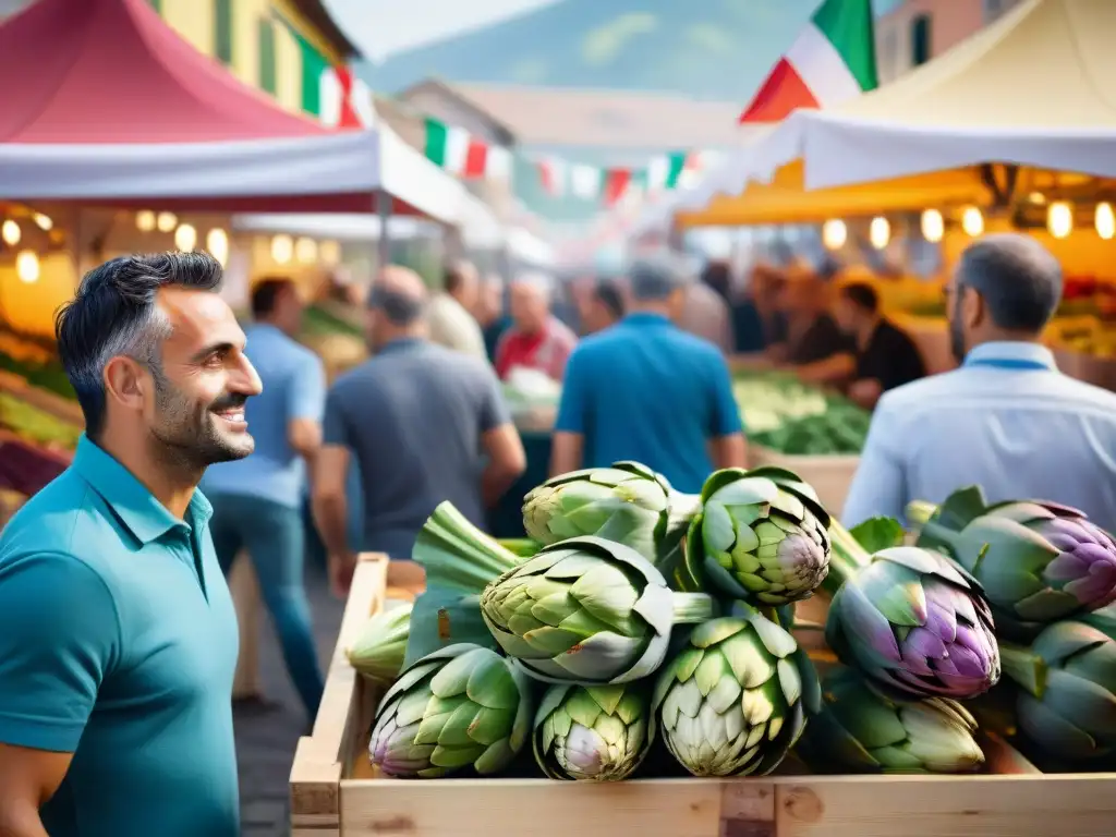 Vibrante escena de mercado italiano en la Fiesta del Carciofo, con alcachofas frescas y banderas, sumergiendo en la emoción culinaria