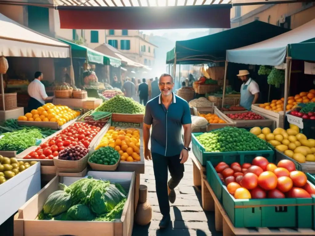 Vibrante escena de mercado mediterráneo con frutas y verduras frescas