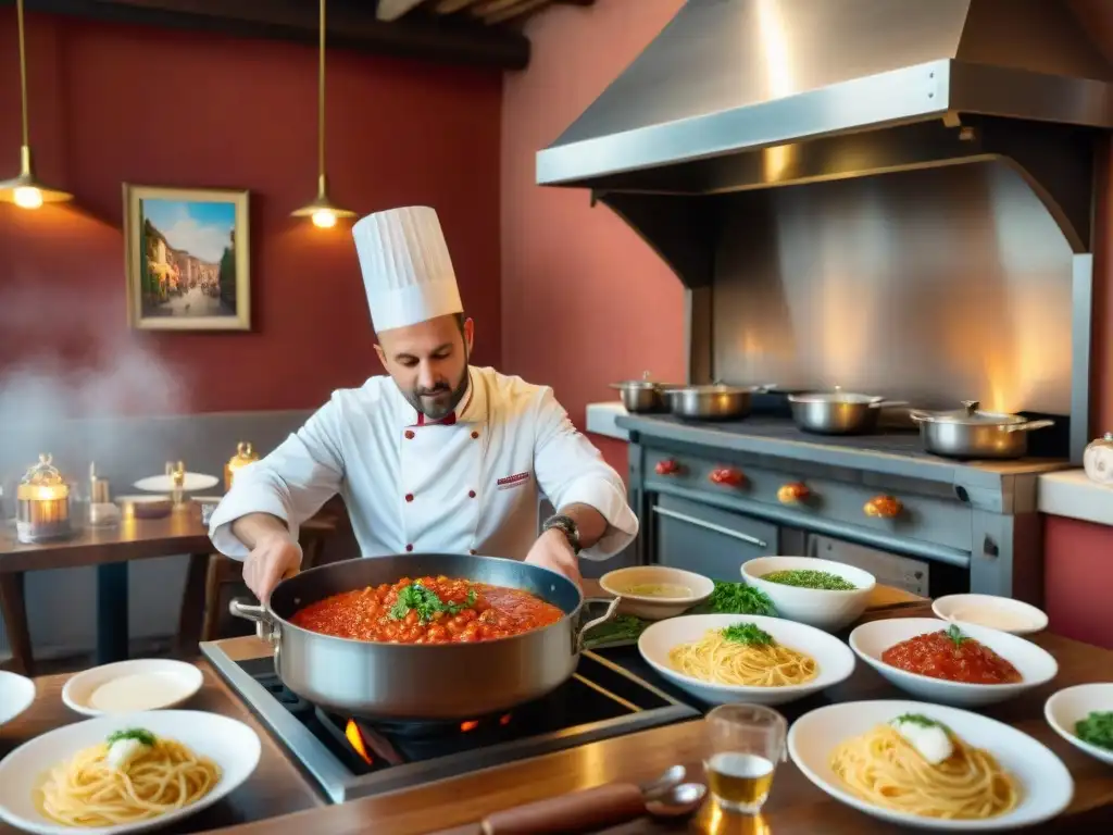 Vibrante escena de una trattoria italiana con platos icónicos de la cocina italiana, comensales felices y un chef preparando salsa de tomate casera