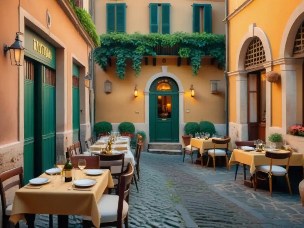 Vibrante escena de una trattoria tradicional en RomaVIP al atardecer, con encanto y elegancia