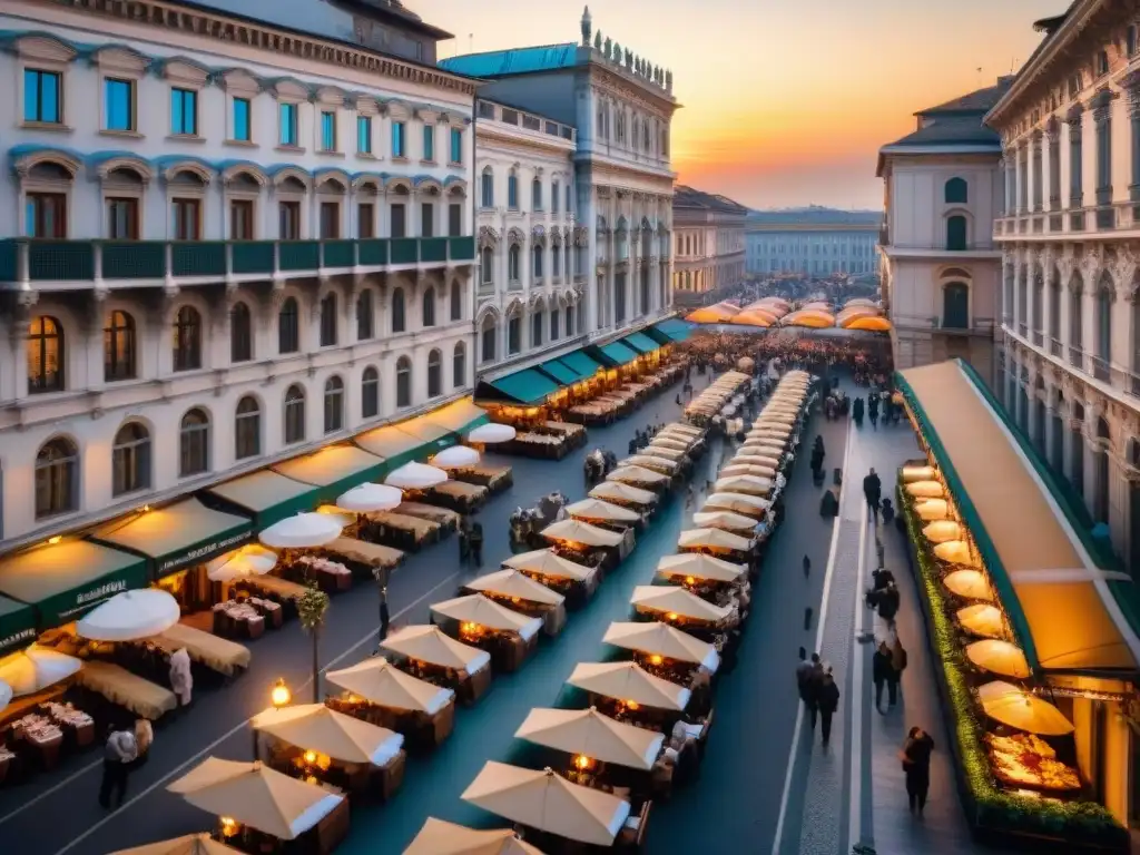 Vibrante escena urbana de Milán al atardecer, con trattorias, chefs preparando pasta fresca y locales disfrutando aperitivo en cafés