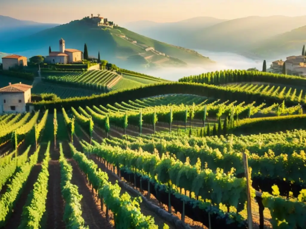 Vibrante escena en viñedo italiano al amanecer, con familia cosechando uvas