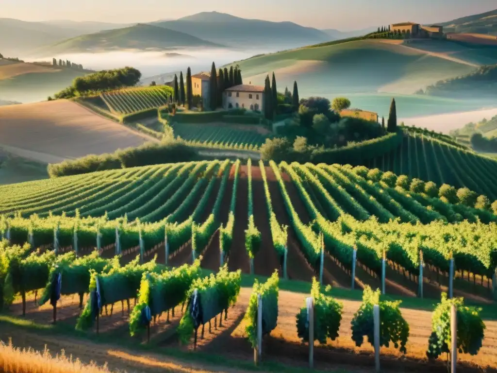 Vibrante escena en viñedo toscano al atardecer