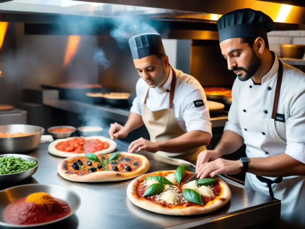 Un vibrante escenario en la cocina de una bulliciosa pizzería italiana, con chefs preparando apasionadamente pizzas veganas sin gluten