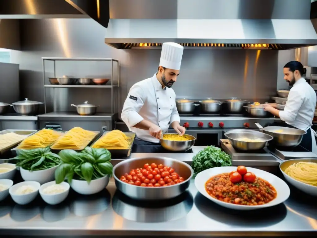 Un vibrante escenario de cocina italiana con menús inteligentes, chefs preparando platos tradicionales con ingredientes frescos