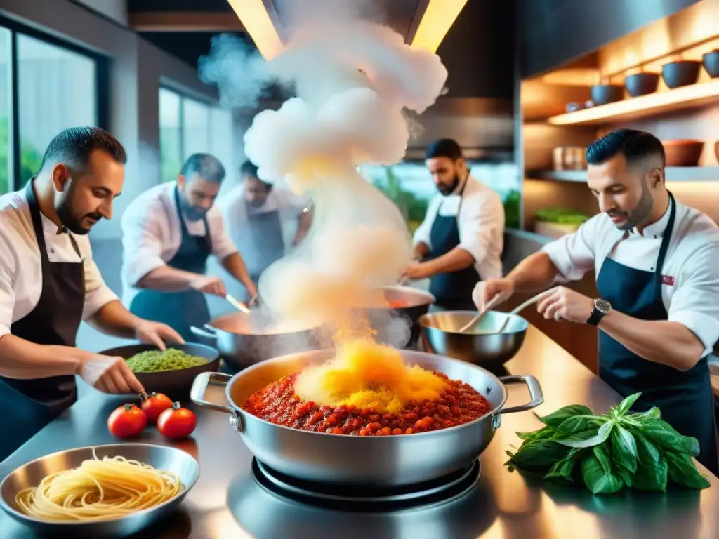 Un vibrante escenario de cocina italiana fusion de culturas, chefs de todo el mundo preparando platos con un toque personal