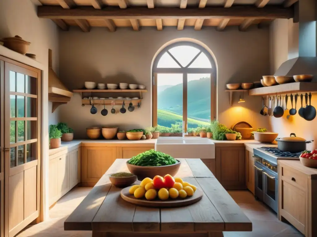 Un vibrante escenario de cocina tradicional en una granja italiana, donde se preparan platos auténticos con ingredientes frescos