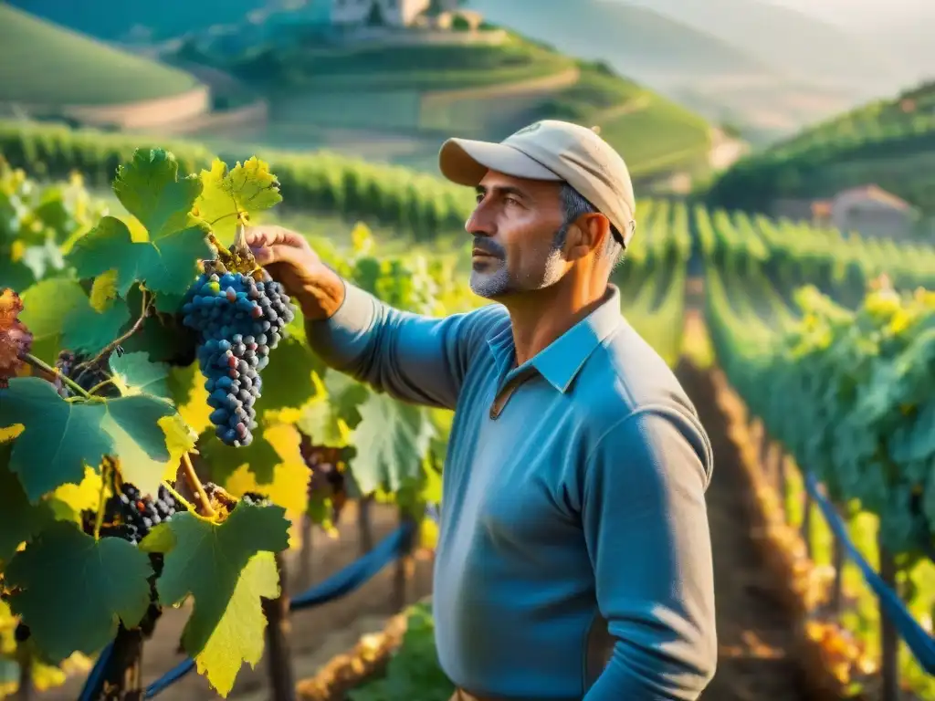 Un vibrante escenario de recolección de uvas en un viñedo italiano, ilustrando las tradicionales actividades en viñedos italianos