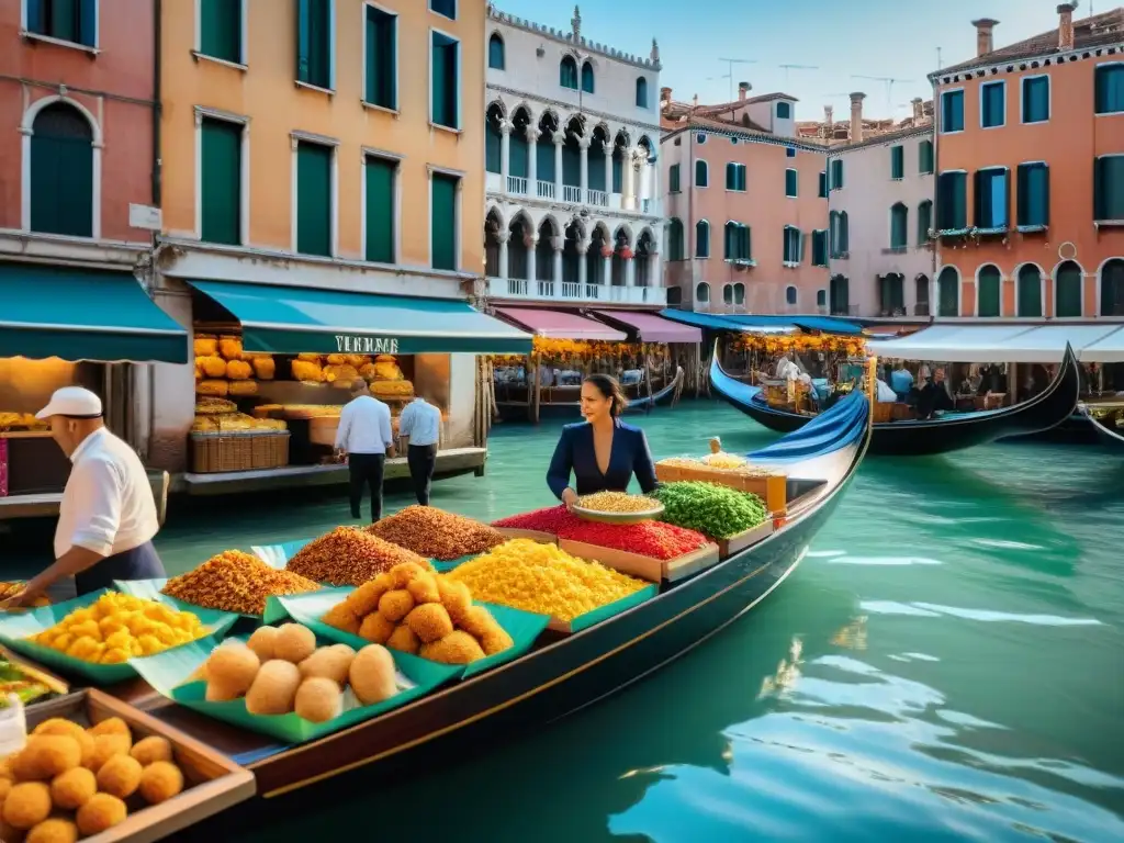 Un vibrante escenario veneciano con puestos de comida callejera coloridos y un vendedor preparando baccalà fritto dorado