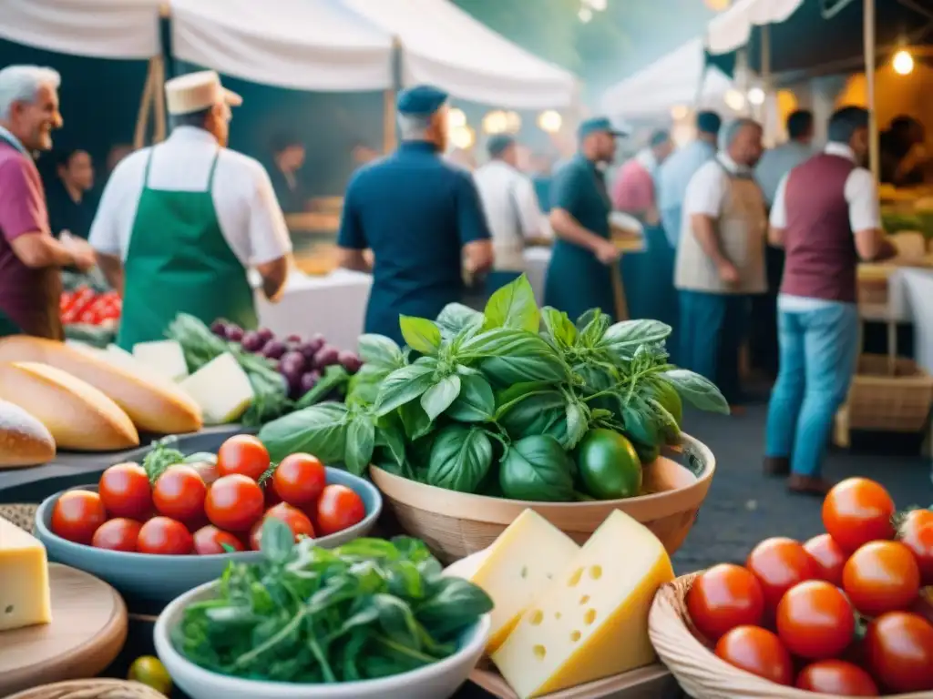 Un vibrante festival de alimentos italianos con puestos coloridos de ingredientes locales como tomates, aceite de oliva, quesos y hierbas frescas