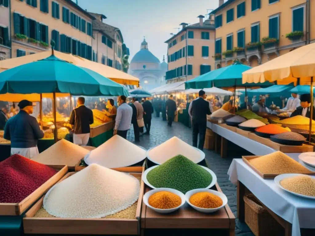 Vibrante festival de arroces en un mercado al aire libre en Italia con chefs preparando platos tradicionales