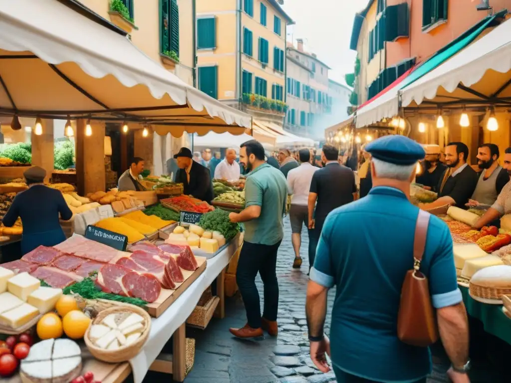 Un vibrante festival de cocina italiana desconocida en una bulliciosa calle, repleta de puestos de comida y clientes entusiastas