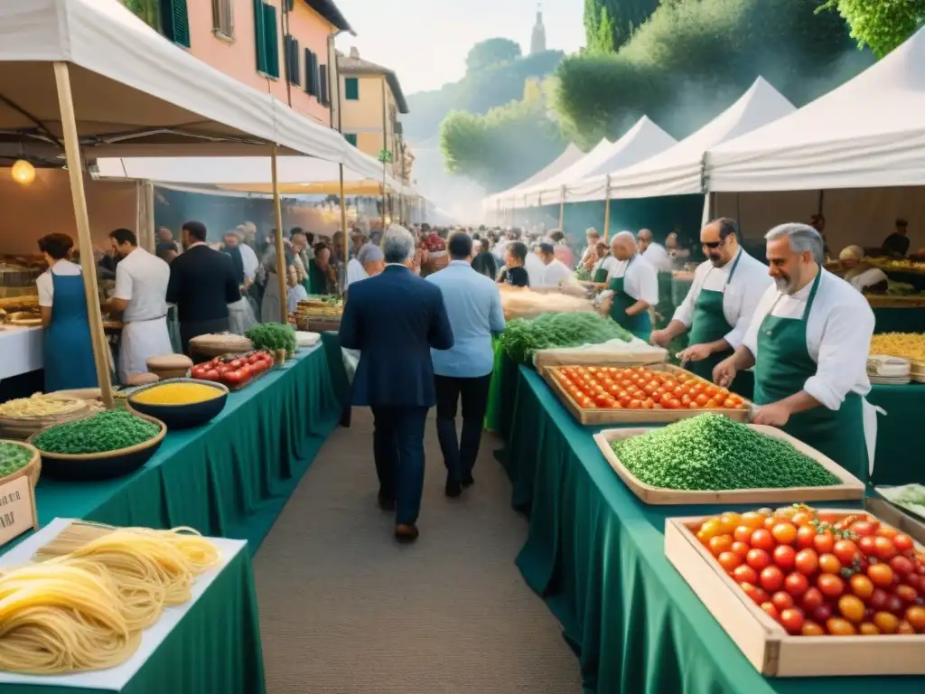 Vibrante festival de cocina italiana con ingredientes frescos, chefs y ambiente festivo