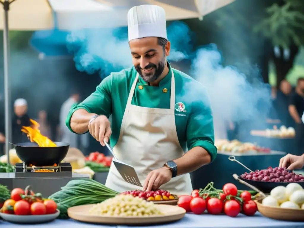 Un vibrante festival de cocina italiana sostenible, lleno de colores y sabores frescos, con chefs apasionados cocinando auténticos platos en parrillas