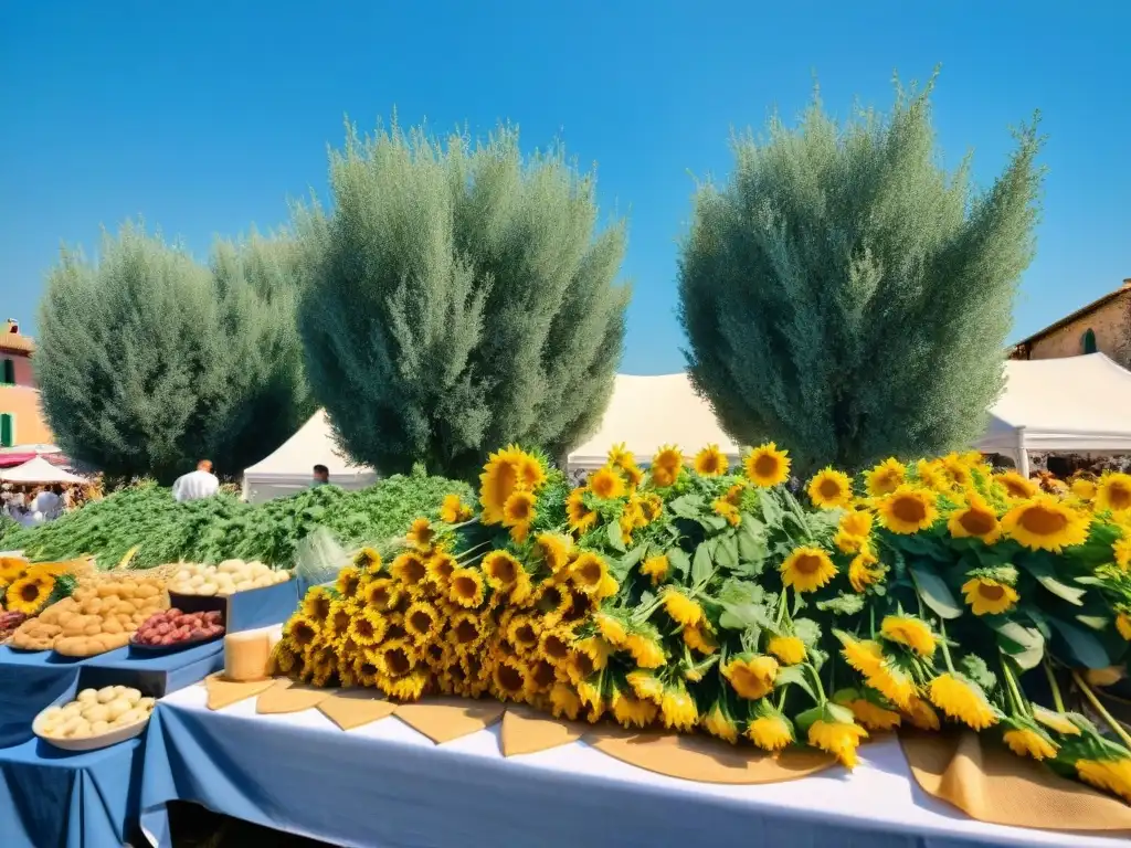 Vibrante festival de cocina italiana sostenible con puestos de comida coloridos, chefs locales y visitantes disfrutando de delicias bajo el cielo azul