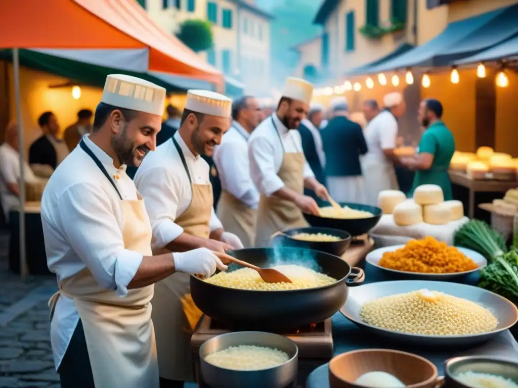 Un vibrante festival de cocina italiana desconocida, con coloridos puestos de comida y chefs preparando risotto