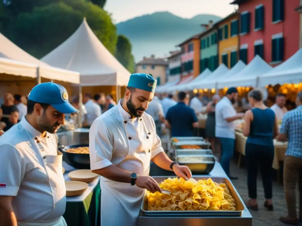 Vibrante festival de comida italiana con puestos coloridos ofreciendo pasta fresca, pizza y gelato, chefs preparando platos y visitantes disfrutando del festivo ambiente al atardecer