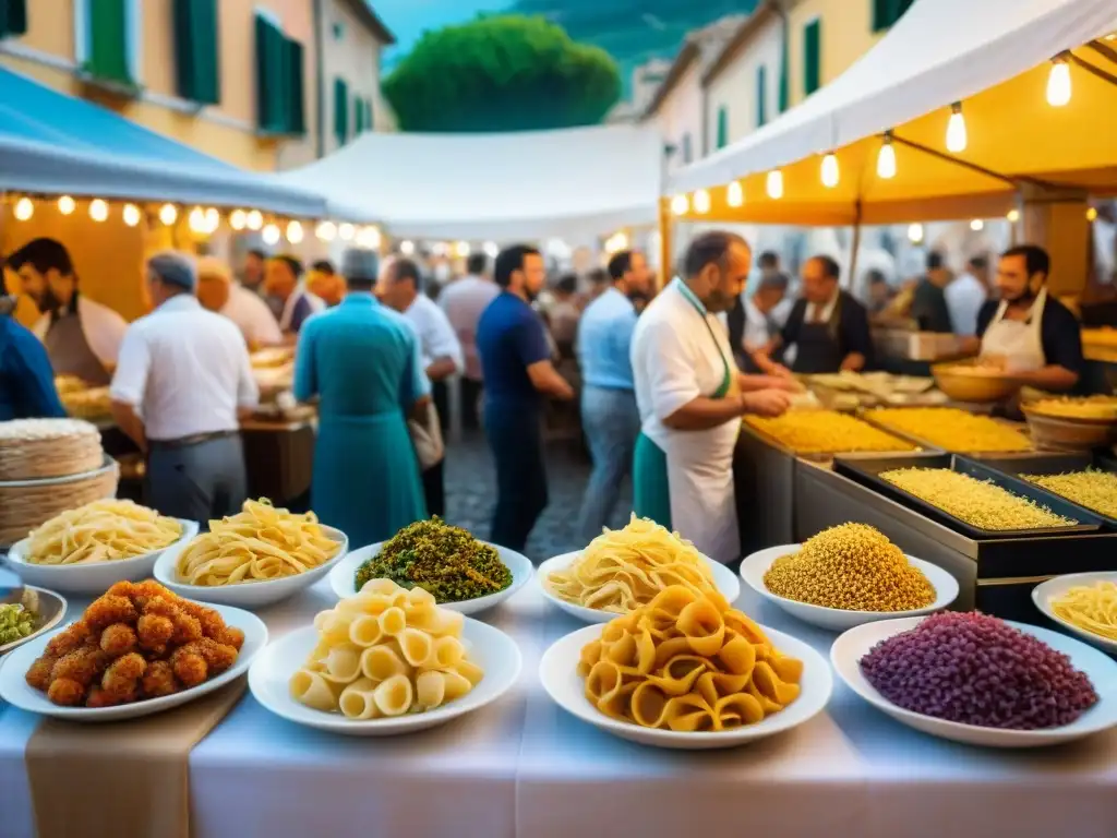 Vibrante festival de comida en el Sur de Italia: platos coloridos, gente disfrutando, luces brillantes