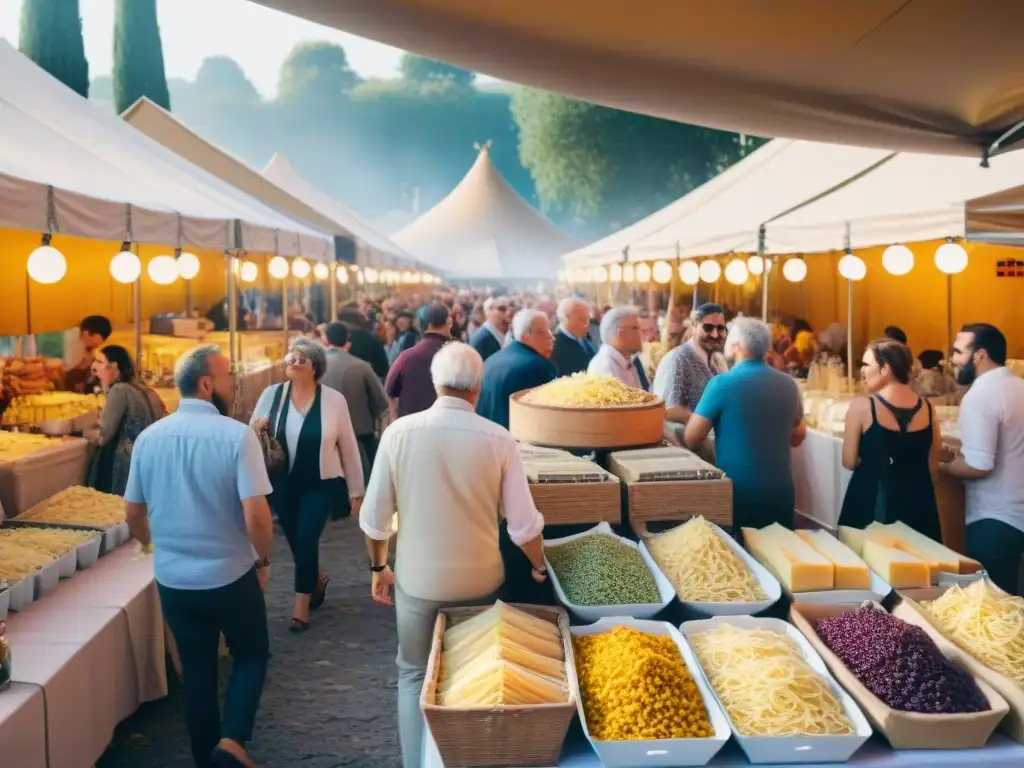 Un vibrante festival de comida y vino italiano, con coloridos puestos de pasta, quesos y vinos