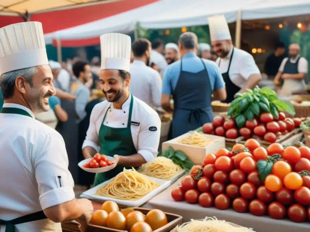 Un vibrante festival culinario italiano con chefs preparando platos tradicionales rodeados de ingredientes locales frescos y coloridos