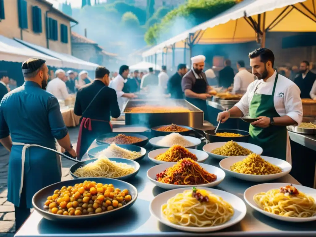 Vibrante festival gastronómico en Italia con cocina étnica y chefs preparando pasta artesanal