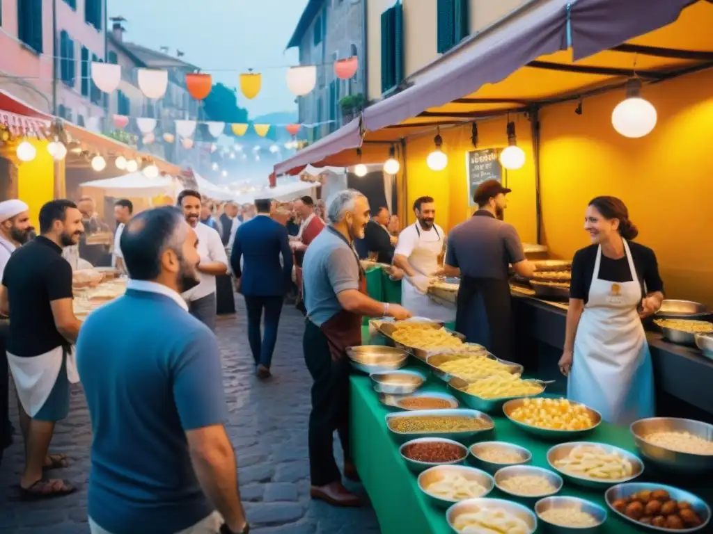 Un vibrante festival gastronómico en Italia: coloridos puestos de comida, gente riendo y probando platos tradicionales