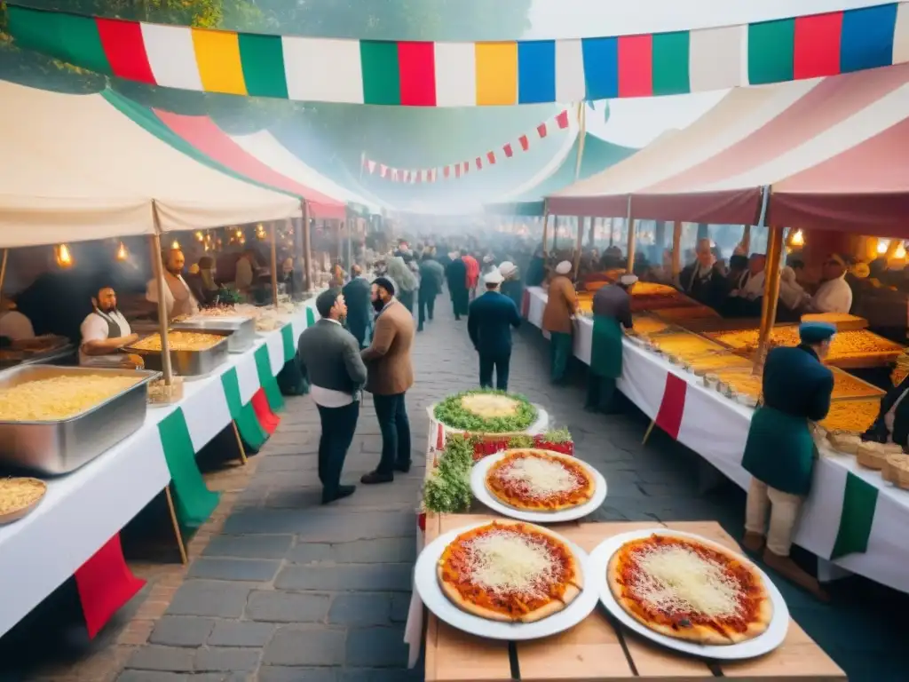Vibrante festival gastronómico italiano con coloridos puestos de comida y chefs preparando platos, en un ambiente festivo