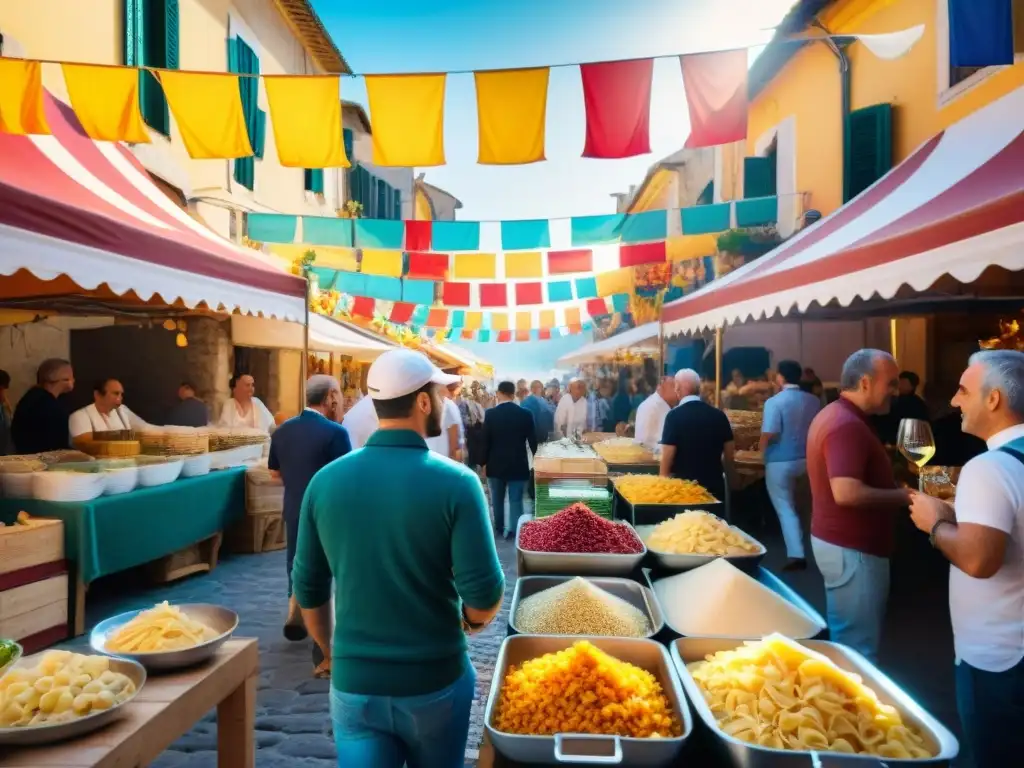 Vibrante festival gastronómico en el Sur de Italia: puestos de comida coloridos, platos tradicionales y ambiente festivo