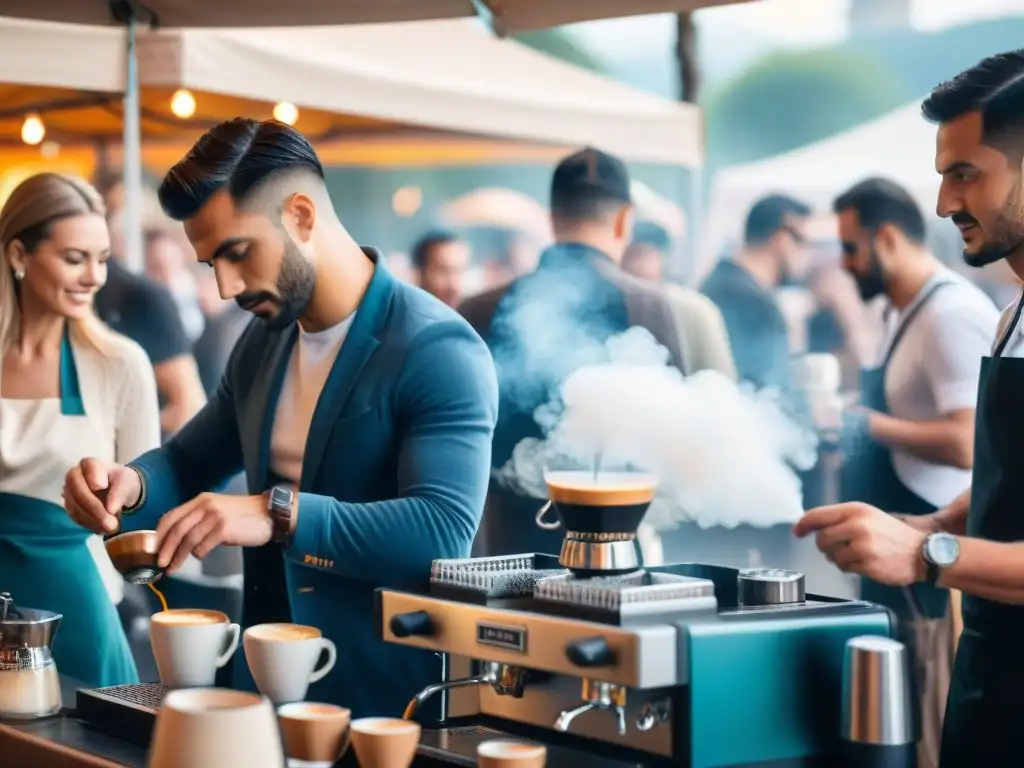 Vibrante festival de café italiano especialidad: máquinas de espresso, baristas, degustaciones bajo luces