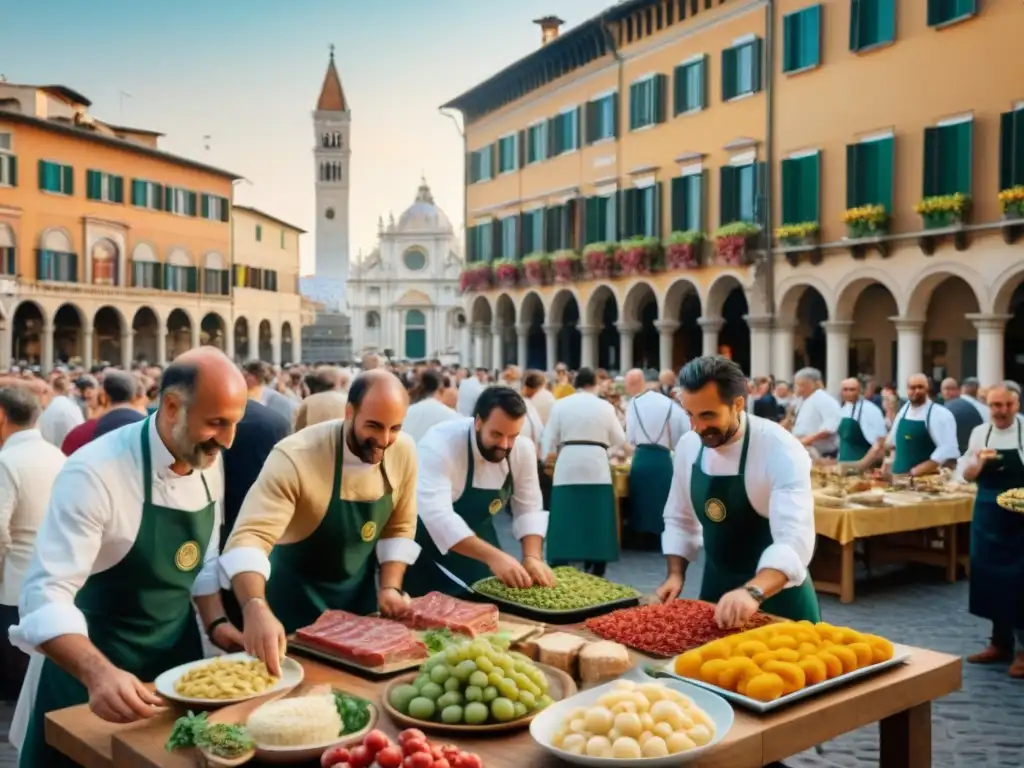 Un vibrante festival antipasto italiano tradicional en una animada plaza al atardecer