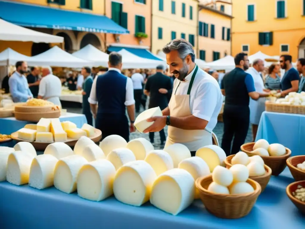 Vibrante festival de mozzarella italiana en plaza histórica bajo cielo azul al atardecer