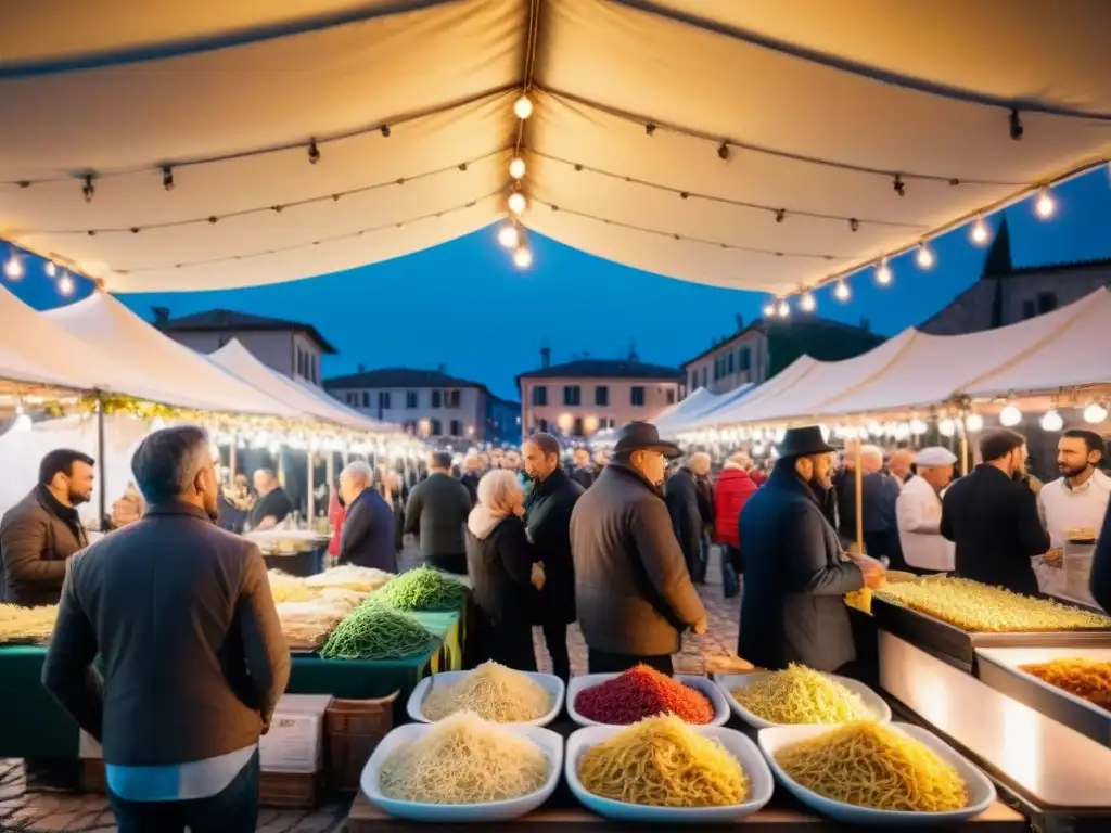 Vibrante festival de pasta italiana en plaza histórica, gente disfrutando bajo luces brillantes