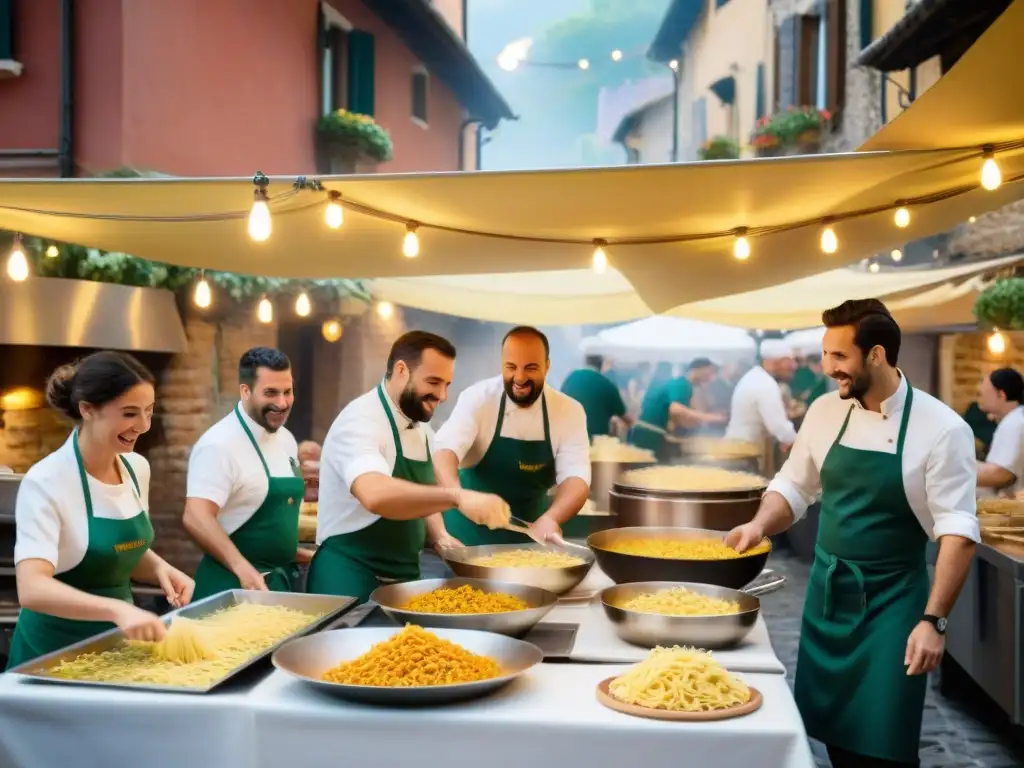 Vibrante festival de pasta italiana con mesas largas, platos variados y gente de todas las edades bajo luces y banderines festivos