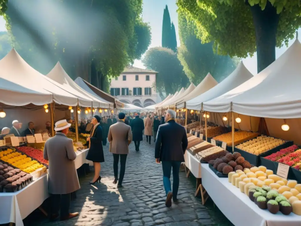 Vibrante festival de trufas, vinos y quesos en Italia, con puestos coloridos y vendedores apasionados