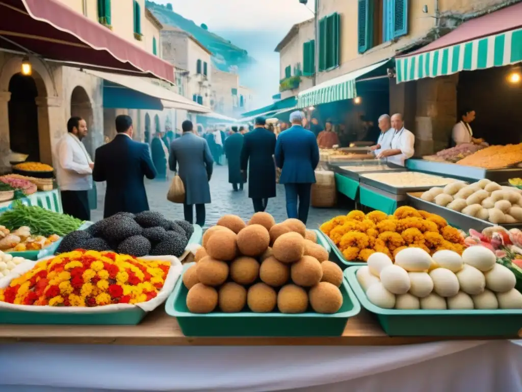 Vibrante fiesta gastronómica en Sicilia con coloridos platos locales y maravillosa atmósfera festiva