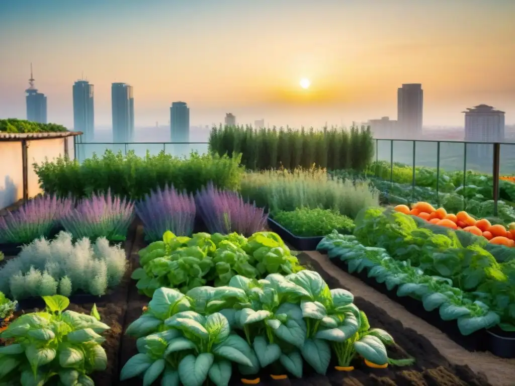 Un vibrante huerto urbano en Italia, con hierbas frescas, verduras coloridas y frutas maduras