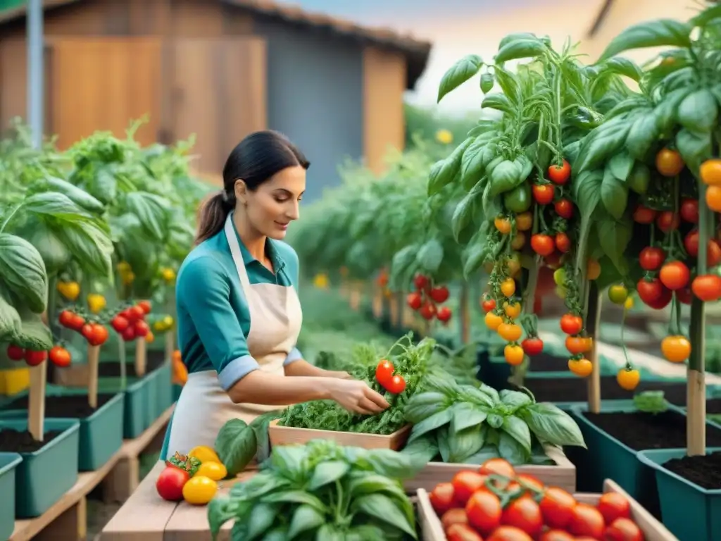 Un vibrante huerto urbano italiano con tomates, albahaca y pimientos bajo el sol dorado, reflejando la autenticidad de la cocina italiana tradicional