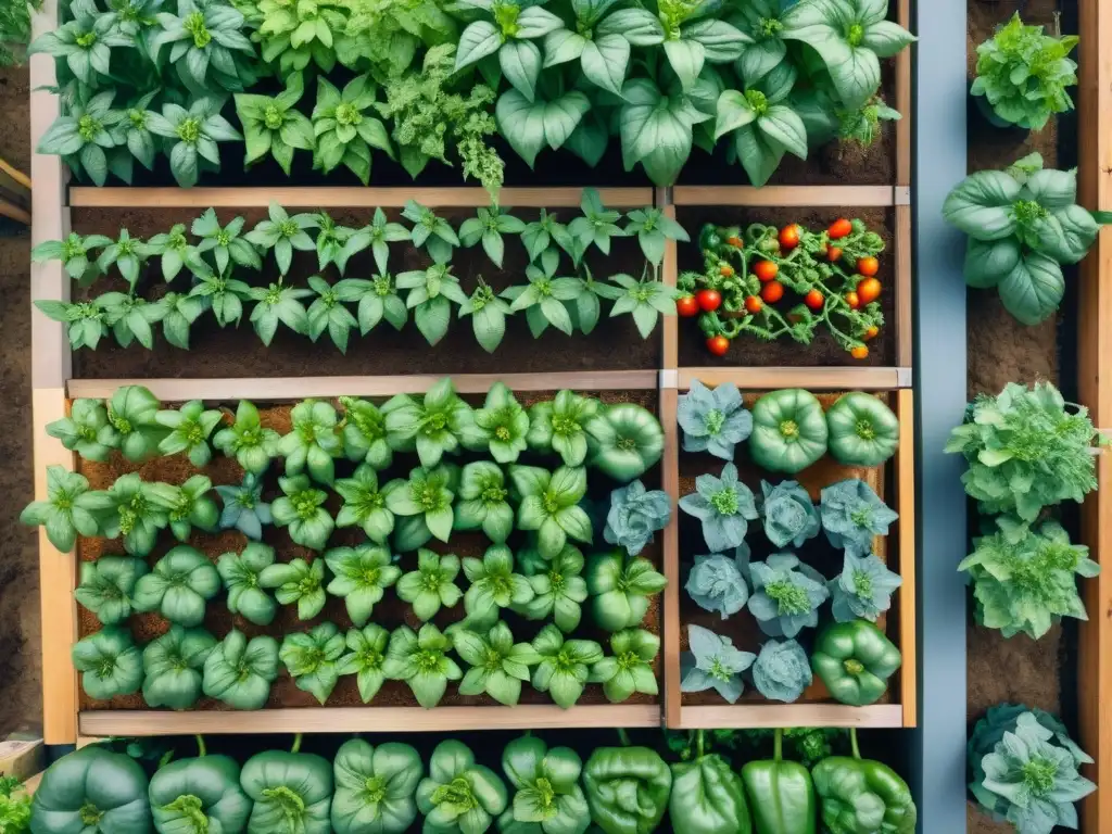 Un vibrante huerto urbano italiano con tomates, albahaca y pimientos, donde la comunidad cultiva en armonía bajo el sol