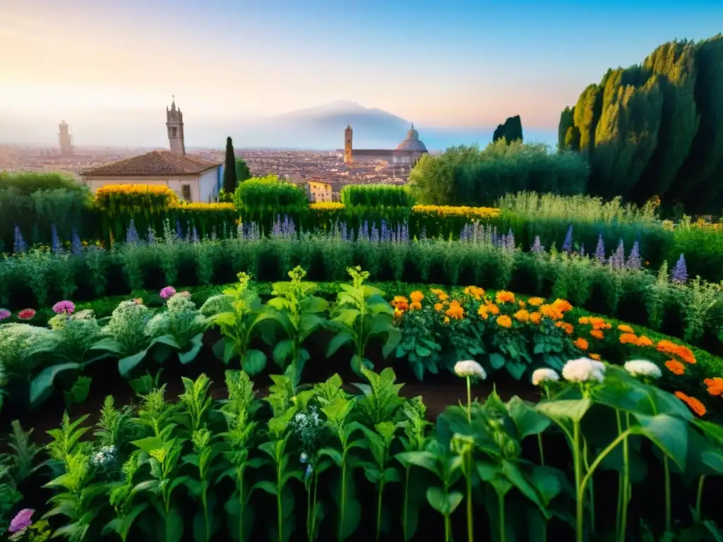 Un vibrante huerto urbano italiano, comunidad apasionada cuidando plantas, flores y verduras, bajo arquitectura histórica