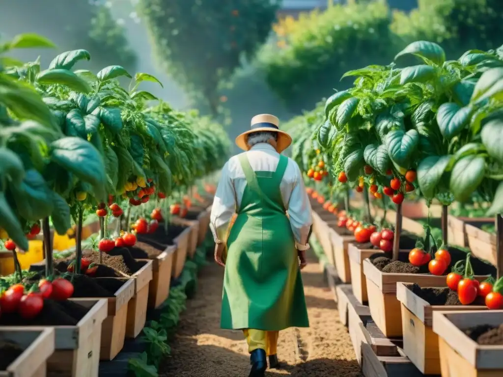 Un vibrante huerto urbano italiano con tomates, albahaca y pimientos, cuidado por una nonna