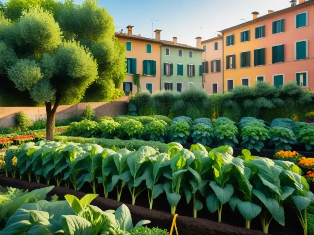 Un vibrante huerto urbano en Italia, lleno de plantas y vegetales coloridos