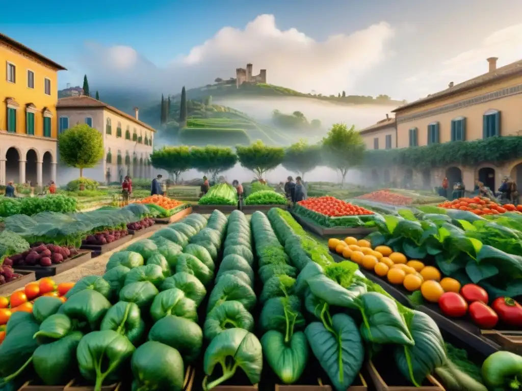 Un vibrante huerto urbano en Italia rebosante de frutas y verduras sabrosas, cultivado por apasionados locales en armonía