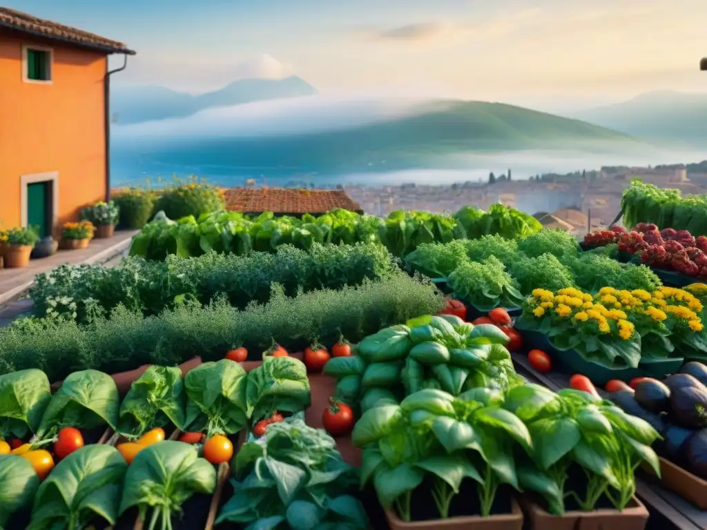 Un vibrante huerto urbano en Italia, con residentes cuidando plantas bajo el sol mediterráneo, ingredientes frescos para cocina italiana